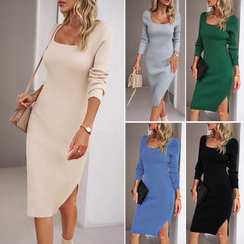 Female round-neck Casual Ladies Ribbed Robe Autumn Winter 2023 Elegant Pleated A-line Midi Dresses Women Knitted Long Dress