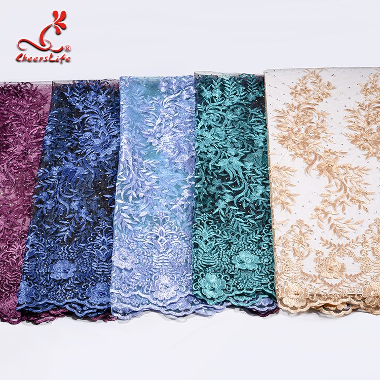 Wholesale Voile Dress 3d Flower Embroidery Beaded African Glitter sequins french lace fabric wedding bridal dress for party