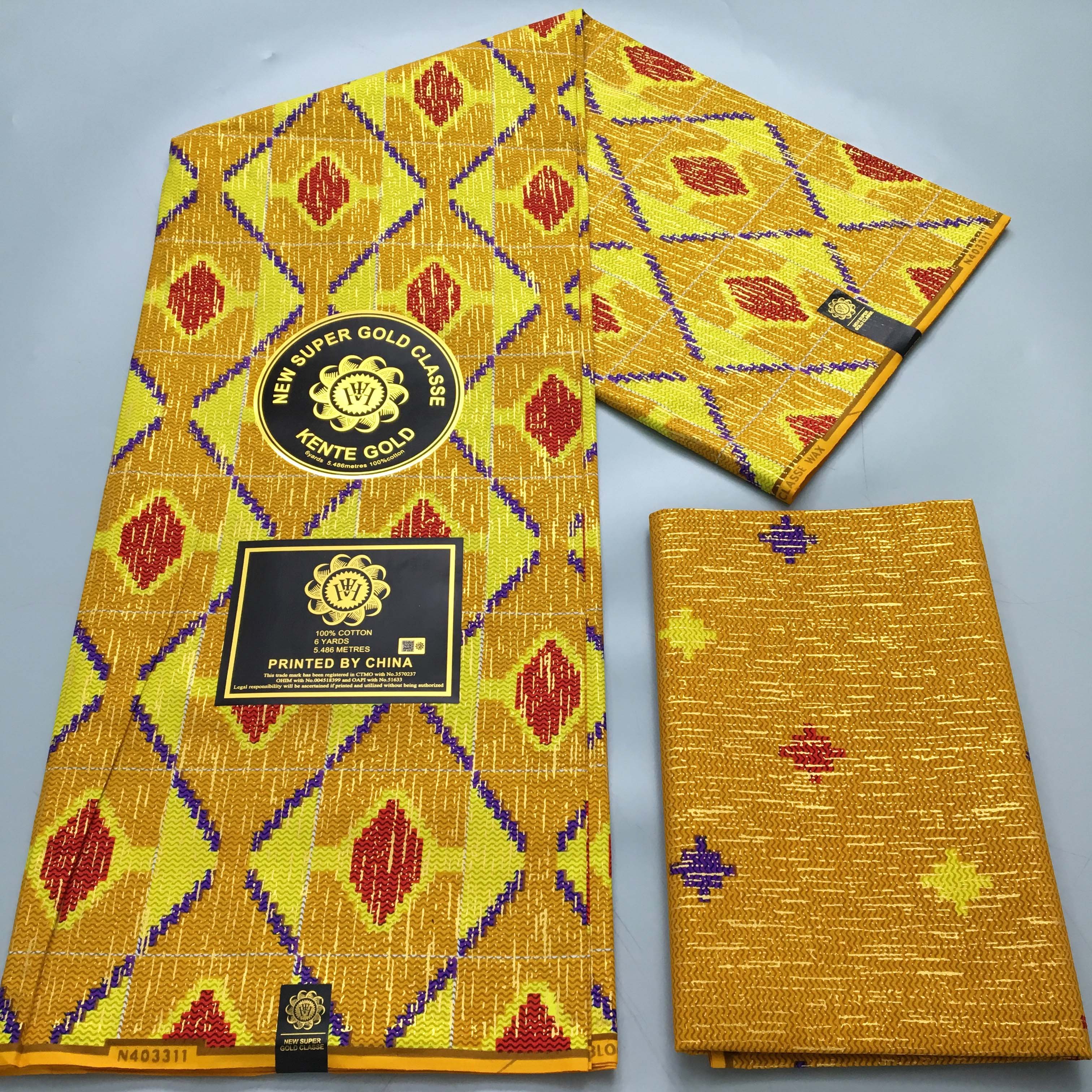 4+2Yards Ankara African Gold Fabric 100% Cotton Nigeria Ghana Pagne Soft Kente Style wax Fabric for Women Cloth Sewing Materials