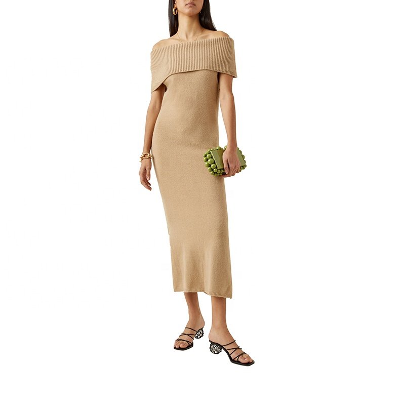2022 New Winter Custom Wholesale Tight Retro Elegant Luxurious Plain Rib Knit Off Shoulder Mid Length Sexy Women Sweater Dress