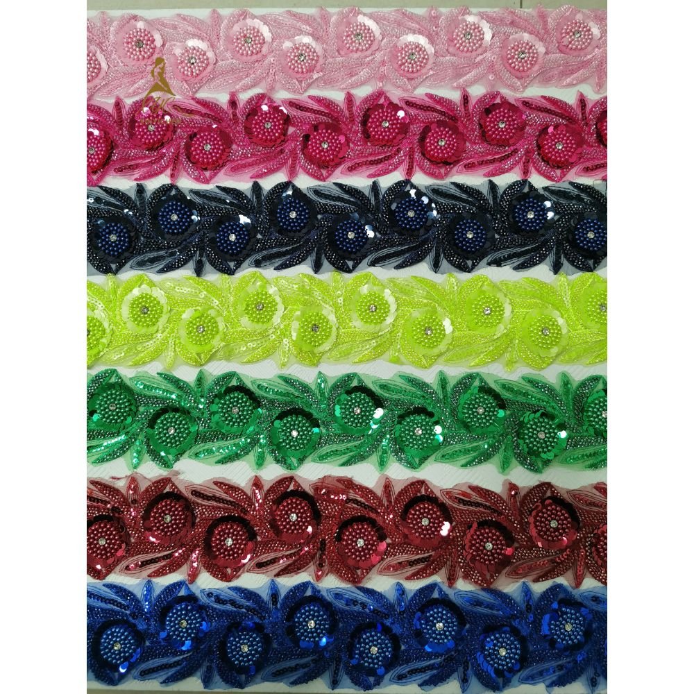 Wholesale Beaded Colorful Lace Trim Polyester Bead Floral Lace Trimmings Sequin Lace Trim for Dress