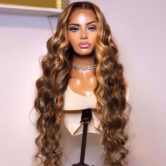 4/27 Highlight Long Honey Blonde Human Hair Wig Brown Highlight Color Cuticle Aligned Hair Glueless Transparent Lace Front Wigs