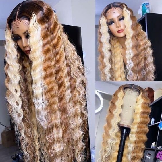 4/27 Highlight Long Honey Blonde Human Hair Wig Brown Highlight Color Cuticle Aligned Hair Glueless Transparent Lace Front Wigs