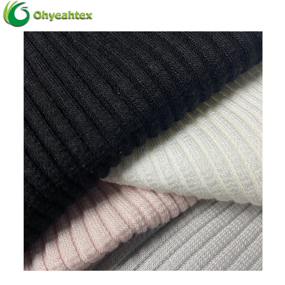 High Stretch Knitted Stripe Rib 4*4 Bamboo Cotton Spandex Ribbed Cuff Fabric For Hoodies