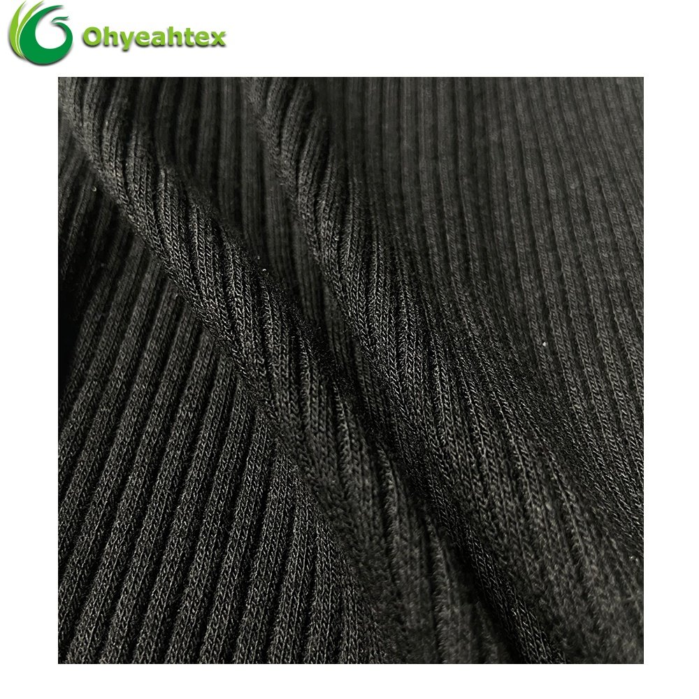 High Stretch Knitted Stripe Rib 4*4 Bamboo Cotton Spandex Ribbed Cuff Fabric For Hoodies