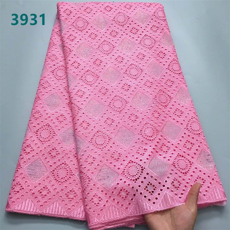 Newest Austria African Lace Fabric Nigeria Cotton Lace Fabric with Rhinestones for Sewing Women Wedding Party Dresses 3931