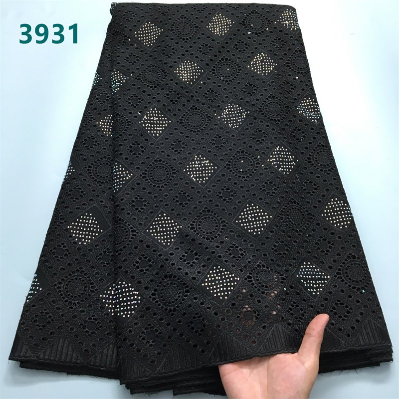 Newest Austria African Lace Fabric Nigeria Cotton Lace Fabric with Rhinestones for Sewing Women Wedding Party Dresses 3931