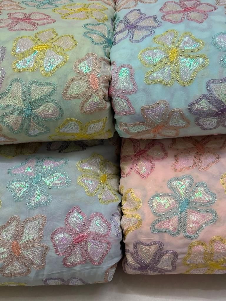 High Quality Cotton Georgette Fabric with Rainbow Sequence Embroidery for Wedding Dress Making Available at Wholesale Price