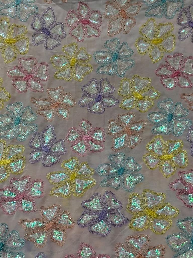 High Quality Cotton Georgette Fabric with Rainbow Sequence Embroidery for Wedding Dress Making Available at Wholesale Price