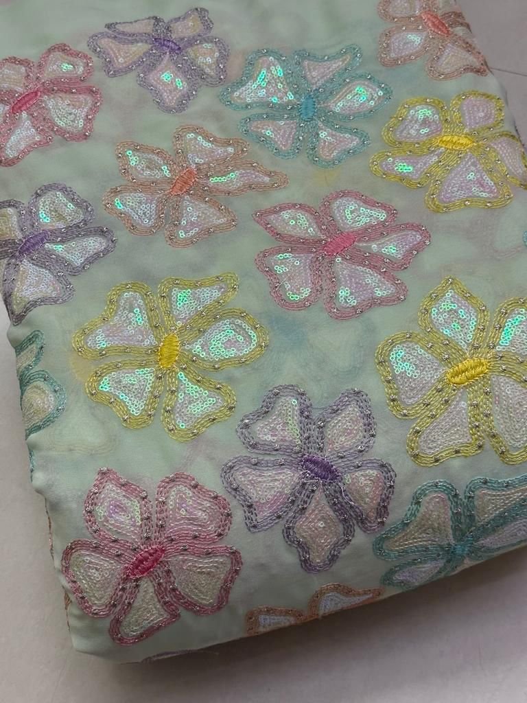 High Quality Cotton Georgette Fabric with Rainbow Sequence Embroidery for Wedding Dress Making Available at Wholesale Price