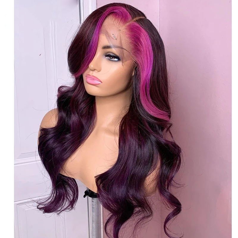 Highlight Dark Purple With Light Purple Color Body Wave Wig Brazilian Virgin Human Hair Glueless 13x4 Lace Wig For Women
