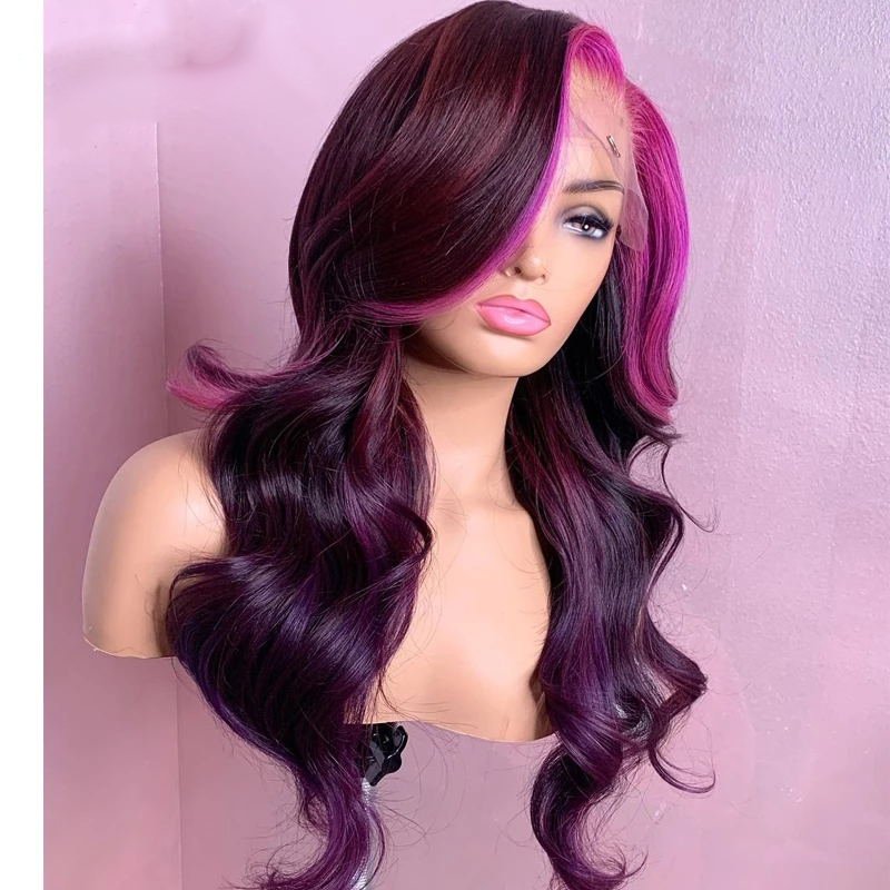 Highlight Dark Purple With Light Purple Color Body Wave Wig Brazilian Virgin Human Hair Glueless 13x4 Lace Wig For Women