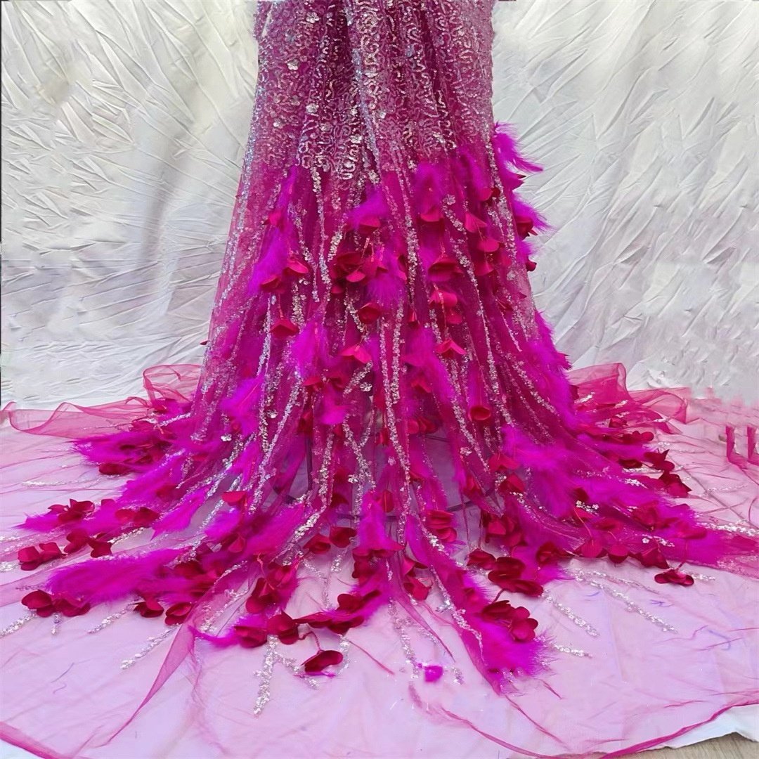 Handmade Feather bead tassels 3D flower wedding dress evening dress sequin embroidered fabric bridal Lace French Net Lace