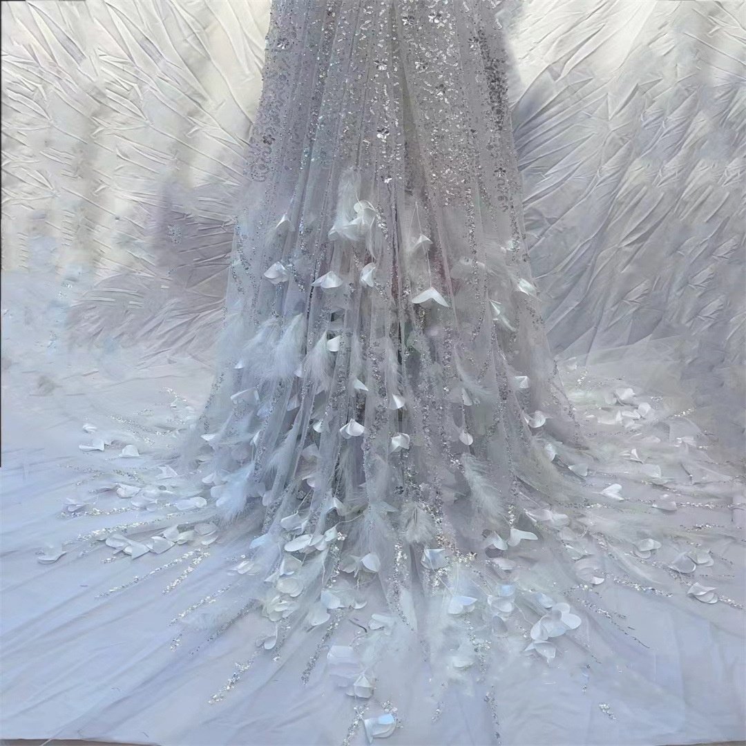 Handmade Feather bead tassels 3D flower wedding dress evening dress sequin embroidered fabric bridal Lace French Net Lace