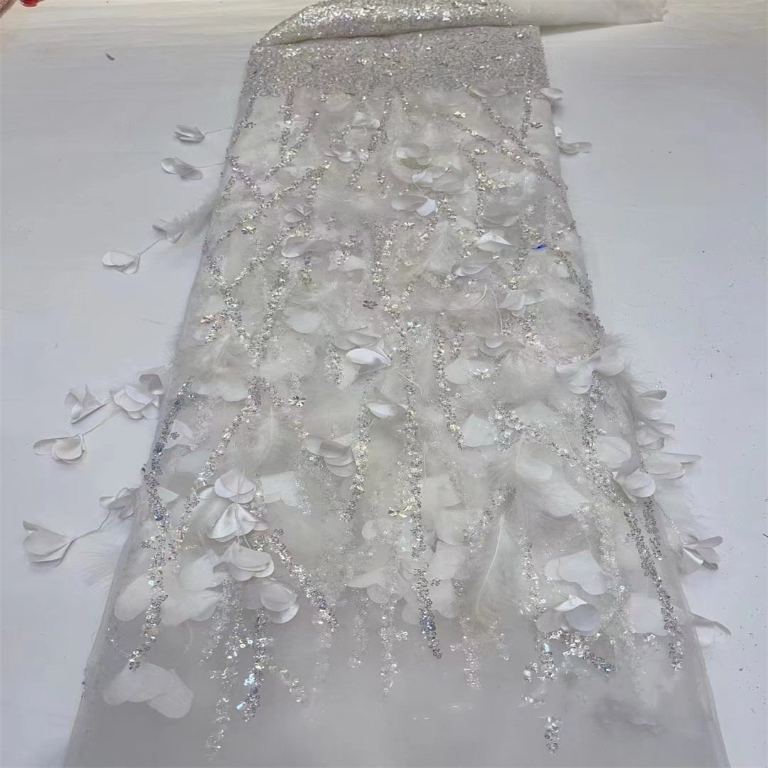 Handmade Feather bead tassels 3D flower wedding dress evening dress sequin embroidered fabric bridal Lace French Net Lace
