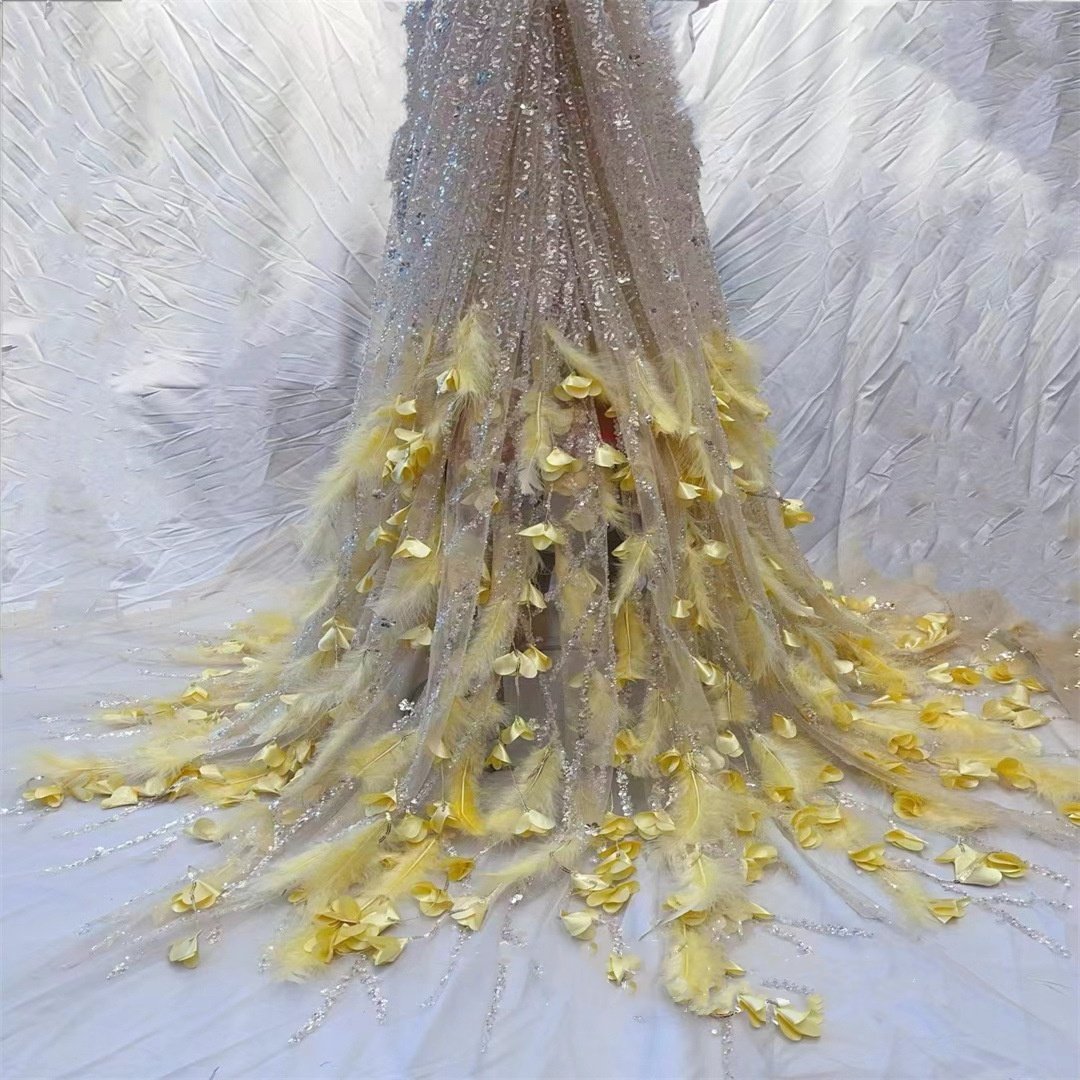 Handmade Feather bead tassels 3D flower wedding dress evening dress sequin embroidered fabric bridal Lace French Net Lace
