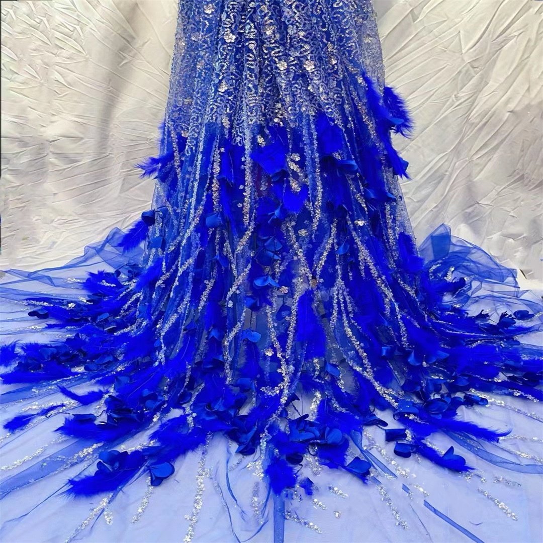 Handmade Feather bead tassels 3D flower wedding dress evening dress sequin embroidered fabric bridal Lace French Net Lace