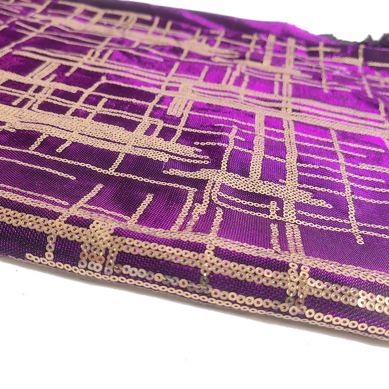 Royal Purple metallic knitted fabric with gold embroidery sequin spangle fabric for dress making
