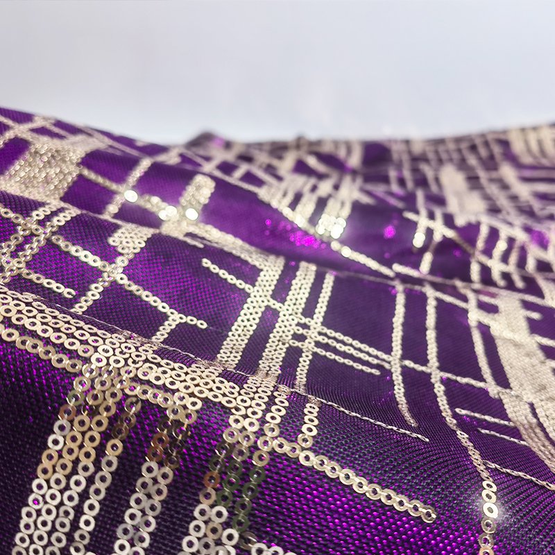 Royal Purple metallic knitted fabric with gold embroidery sequin spangle fabric for dress making