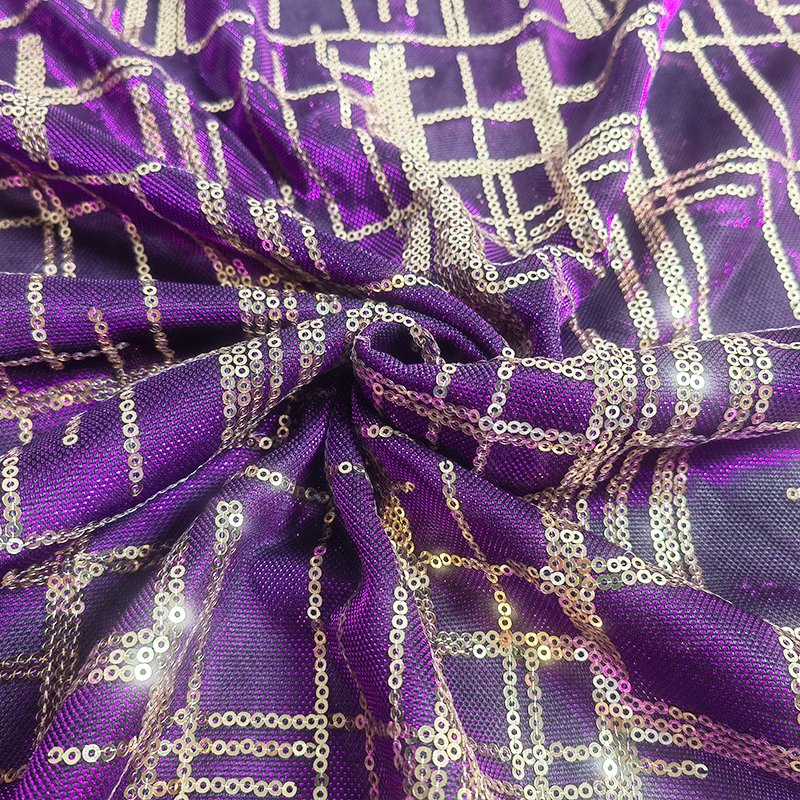 Royal Purple metallic knitted fabric with gold embroidery sequin spangle fabric for dress making