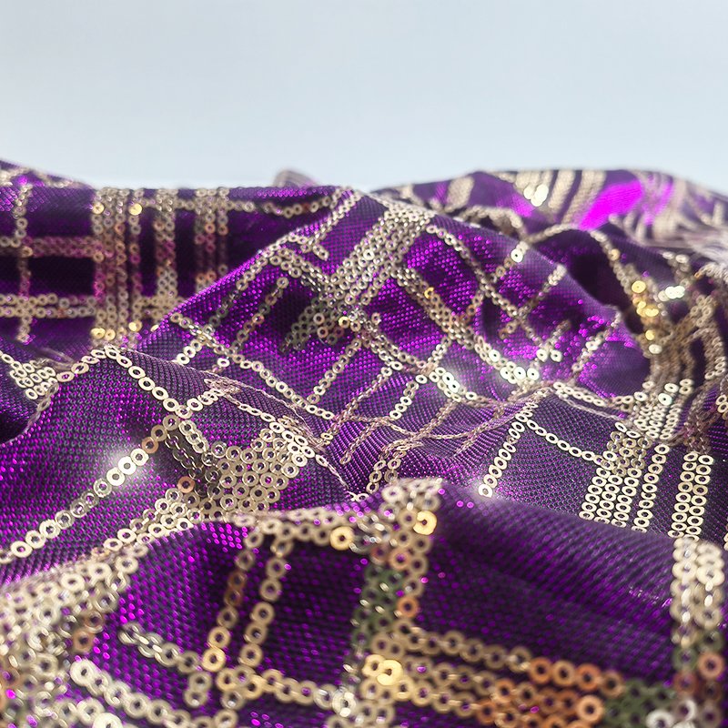 Royal Purple metallic knitted fabric with gold embroidery sequin spangle fabric for dress making
