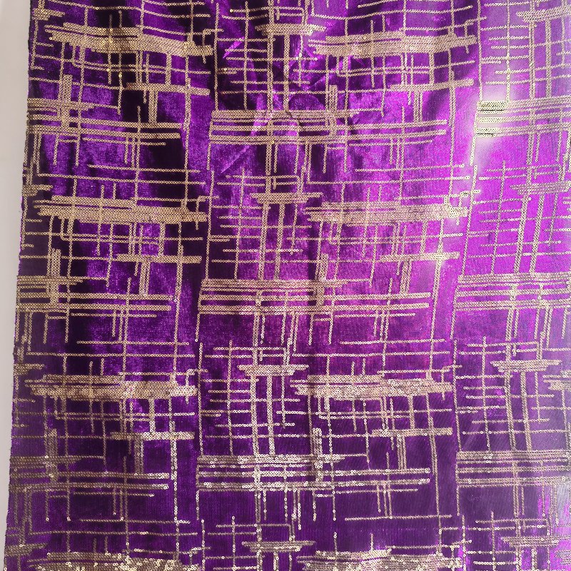 Royal Purple metallic knitted fabric with gold embroidery sequin spangle fabric for dress making