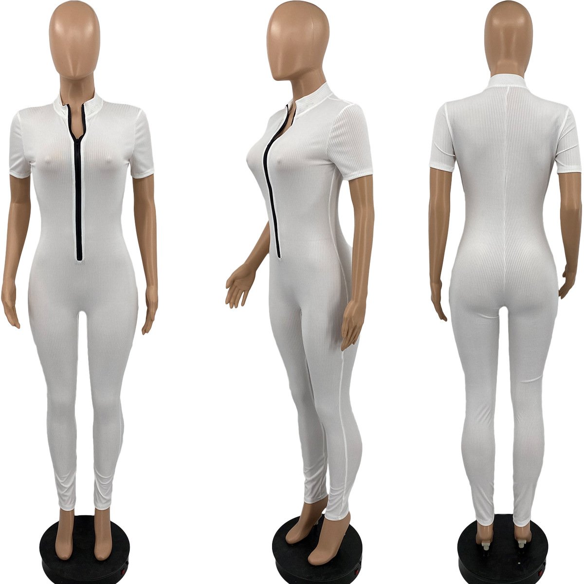 New Arrival Casual stretchy rib knit zip up bodysuit women Solid color short sleeve slim fit women summer jumpsuit