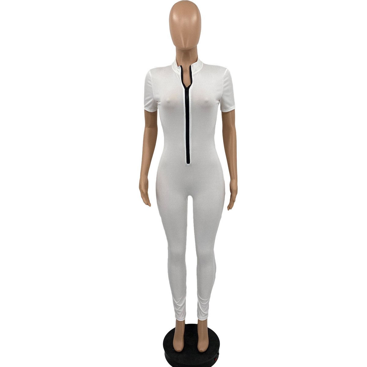 New Arrival Casual stretchy rib knit zip up bodysuit women Solid color short sleeve slim fit women summer jumpsuit