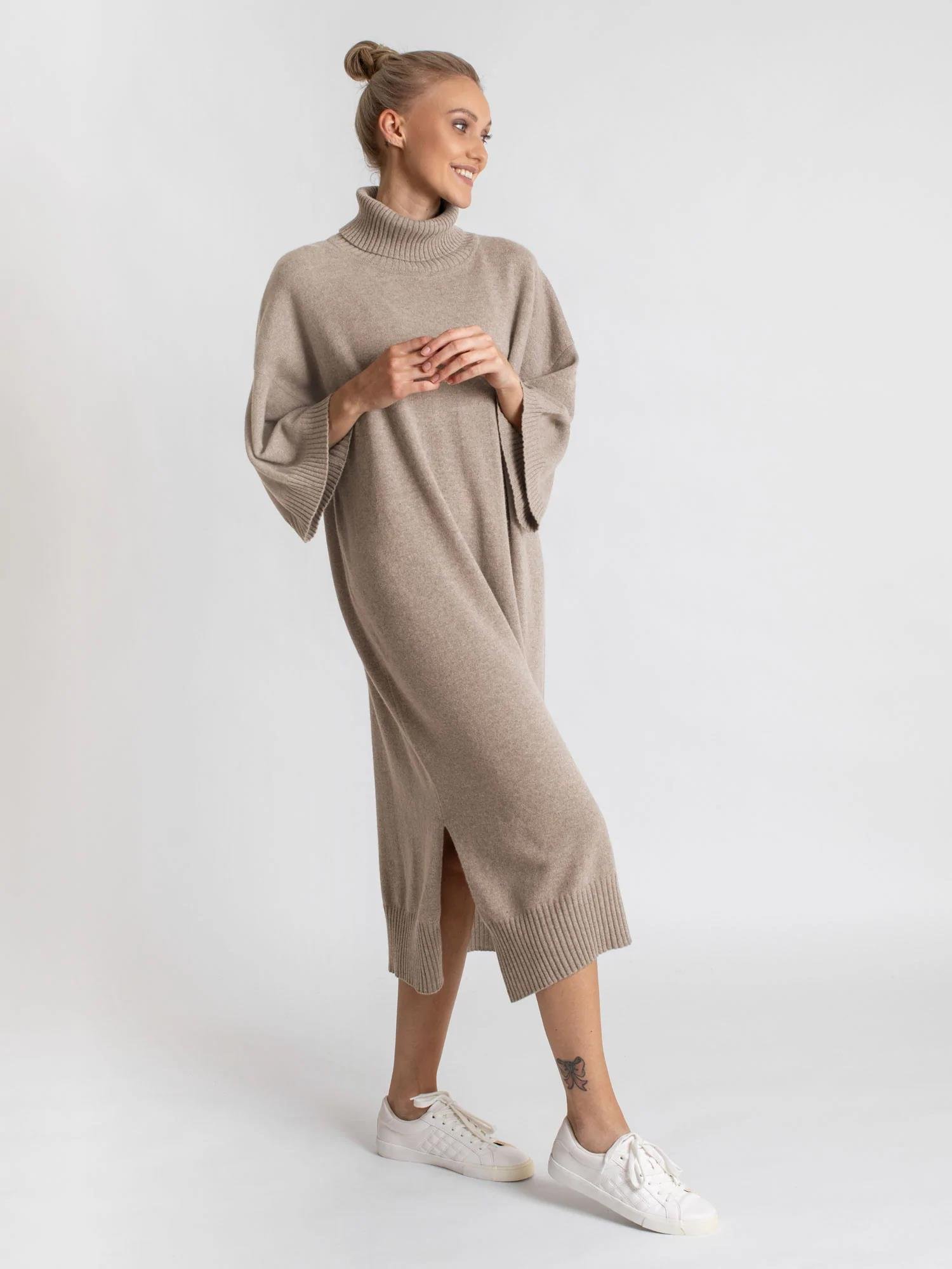 turtleneck airy and comfortable generous fit versatile rib knit trim side split cashmere dress for women