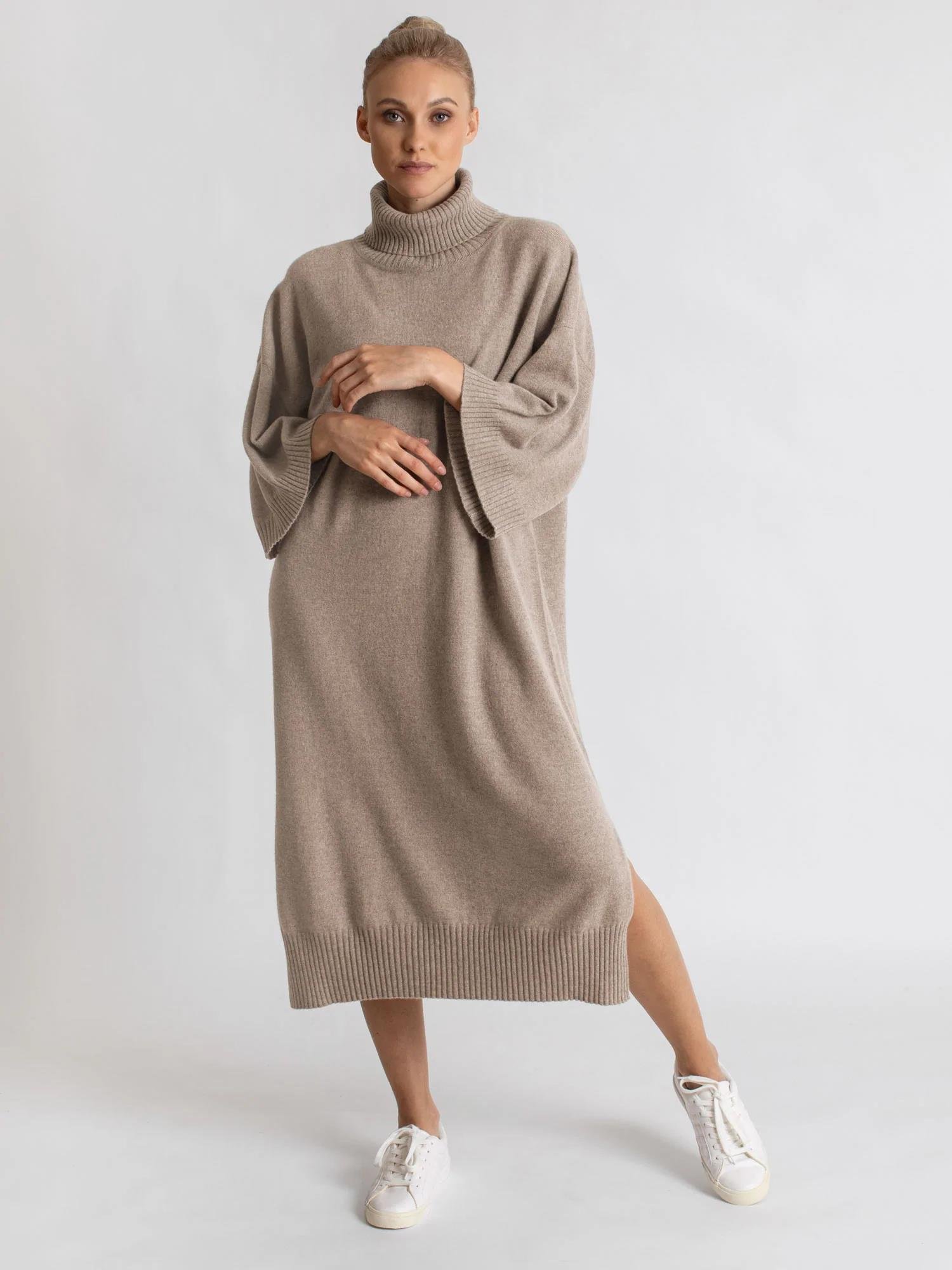 turtleneck airy and comfortable generous fit versatile rib knit trim side split cashmere dress for women