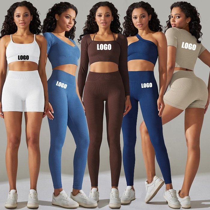 Women Non See Through 6 Piece Fitness Seamless Outfits Ribbed Sports Long sleeve Tank tops Yoga Clothes bra Leggings shorts Set