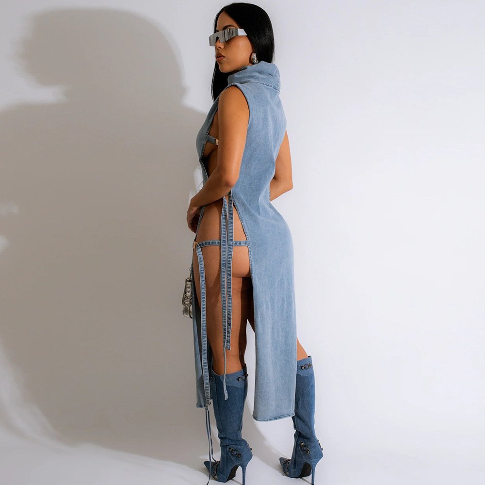 Sexy Elegant Fashion Party Club Women's Dress Sleeveless Turtleneck Knitted Ribbed Fabric Slit Slim Dress