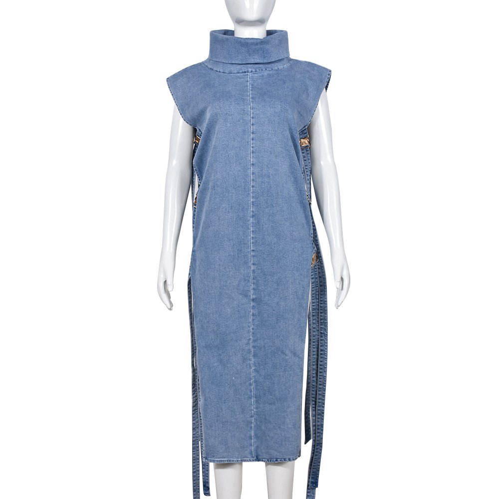 Sexy Elegant Fashion Party Club Women's Dress Sleeveless Turtleneck Knitted Ribbed Fabric Slit Slim Dress