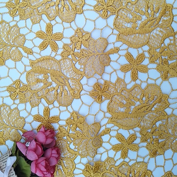 Available Sample Hot Selling embroidered lace fabric 2023 water soluble gold lace flower guipure lace fabric for party