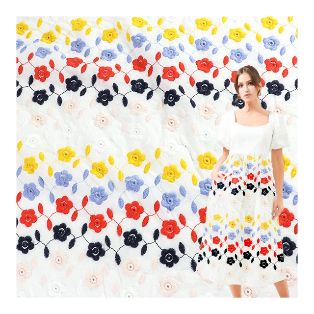 The most popular 100 pure cotton embroidery fabric flower embroidery cotton fabric for women's dress