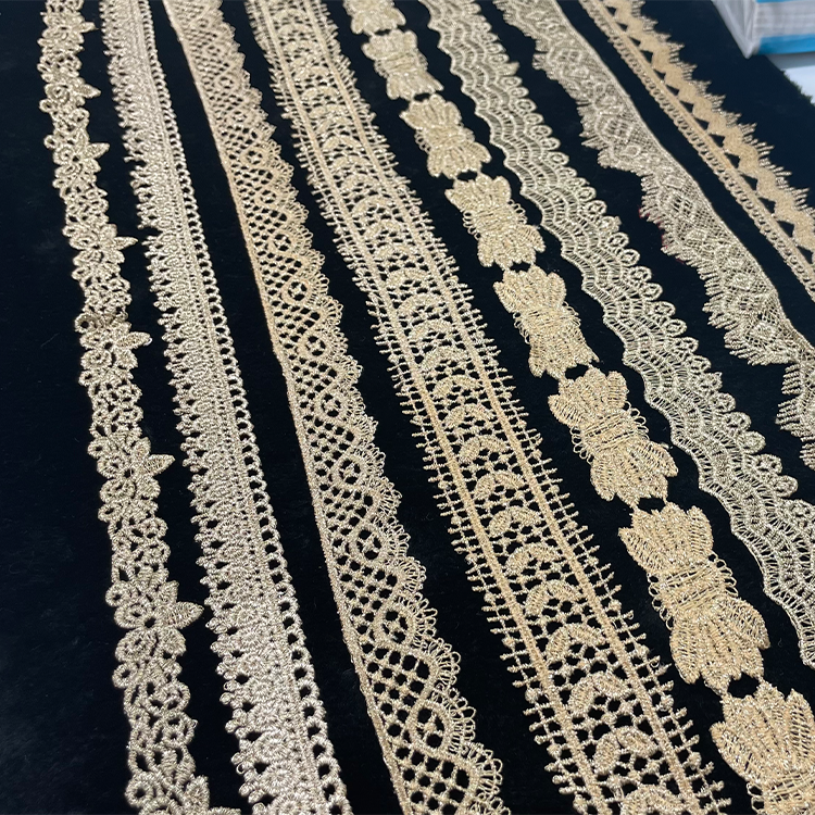 Wholesale Hot Flower Lace Trim Slightly wider Water Soluble Delicate Polyester solubility Fabric Gold Beautiful Polyester