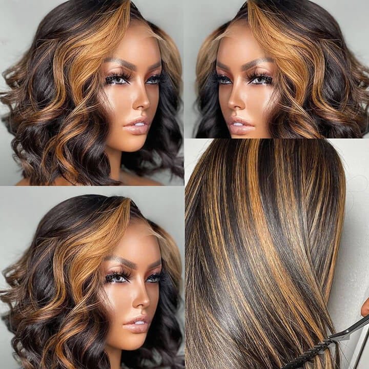 4X4 Highlight Blonde Hair Wigs Brazilian Body Wave HD Lace Closure Human Hair Bob Wigs Ombre Dark Roots Lace Front Wigs