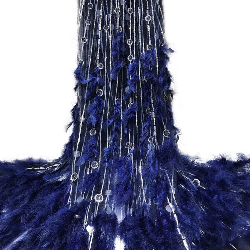 wholesale price breathable handmade tulle real feather bottom embroidery beaded lace fabric dress fabric with sequins