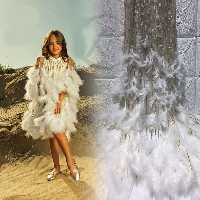 wholesale price breathable handmade tulle real feather bottom embroidery beaded lace fabric dress fabric with sequins