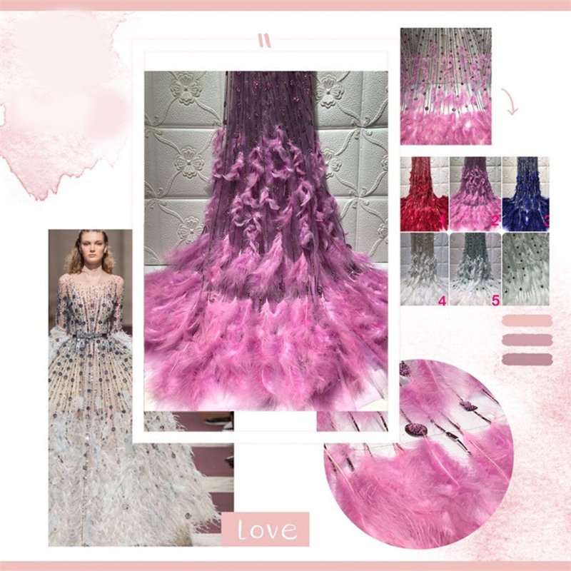 wholesale price breathable handmade tulle real feather bottom embroidery beaded lace fabric dress fabric with sequins