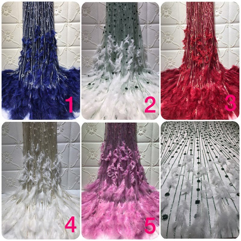 wholesale price breathable handmade tulle real feather bottom embroidery beaded lace fabric dress fabric with sequins