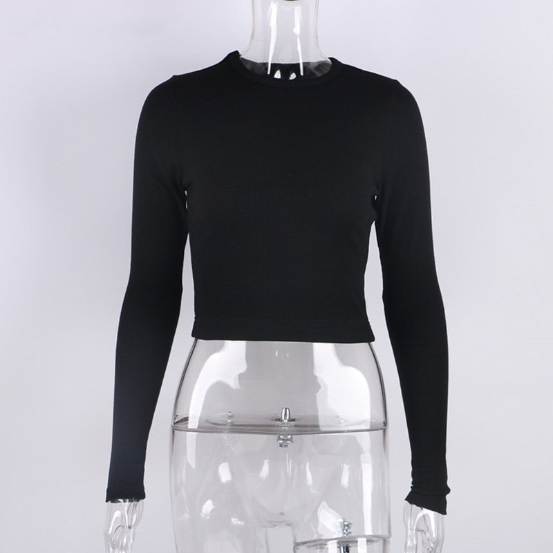 O Neck Long Sleeve Shirt Women Ribbed Sexy Cropped Tops 2024 Autumn Black Casual Skinny Slim Basic Woman T Shirts