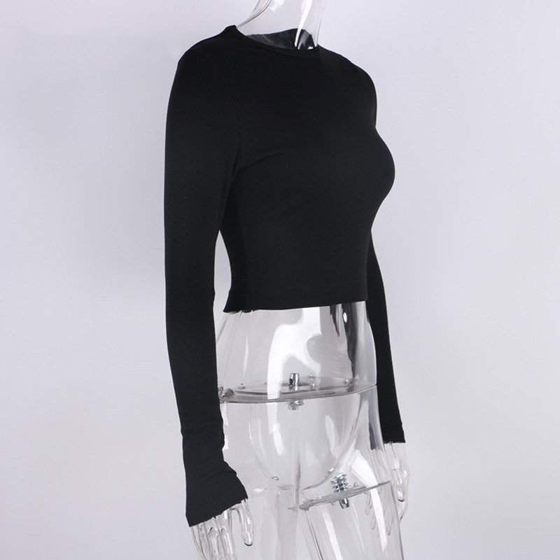 O Neck Long Sleeve Shirt Women Ribbed Sexy Cropped Tops 2024 Autumn Black Casual Skinny Slim Basic Woman T Shirts