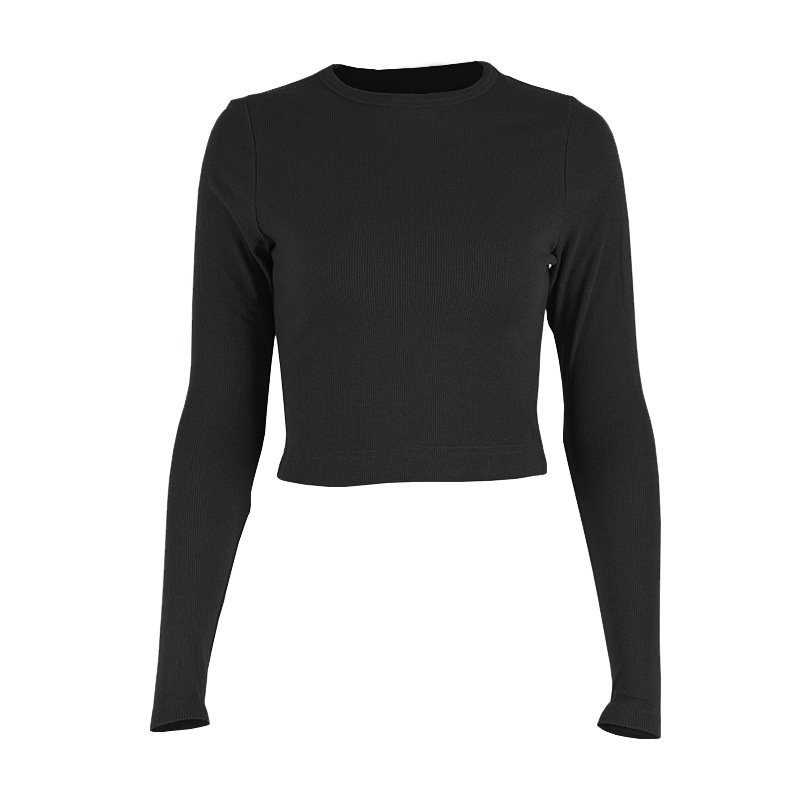 O Neck Long Sleeve Shirt Women Ribbed Sexy Cropped Tops 2024 Autumn Black Casual Skinny Slim Basic Woman T Shirts