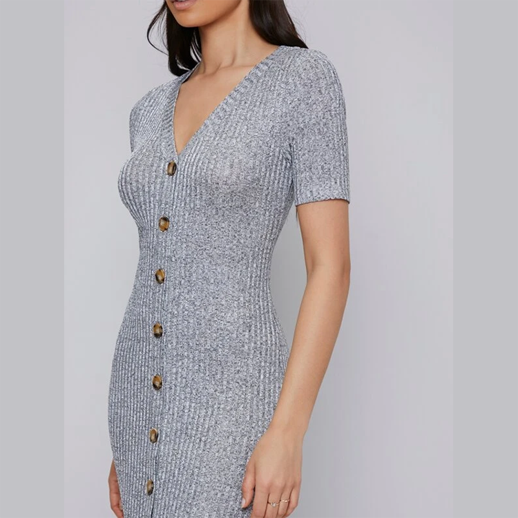 Top Selling Fashion V-neck Short Sleeve Single Breasted Rib-knit Dress For Women