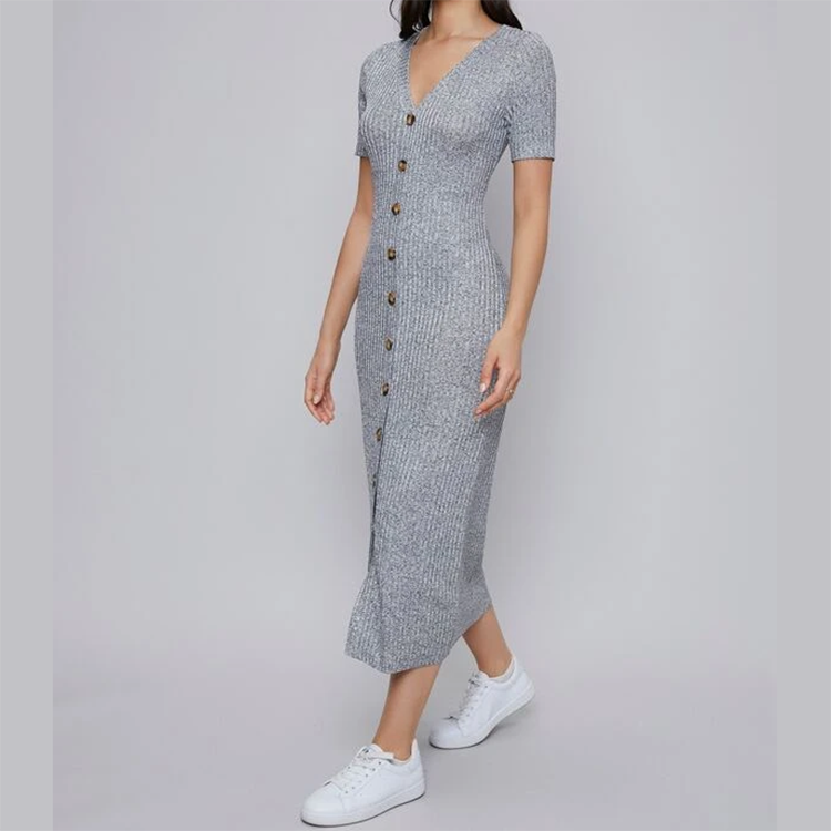 Top Selling Fashion V-neck Short Sleeve Single Breasted Rib-knit Dress For Women