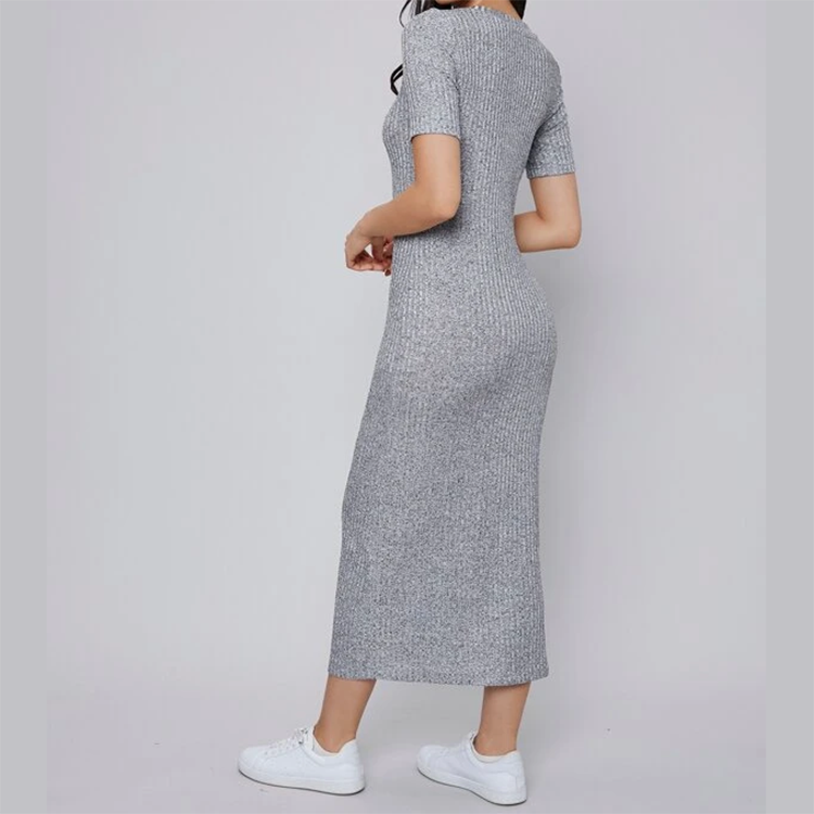 Top Selling Fashion V-neck Short Sleeve Single Breasted Rib-knit Dress For Women