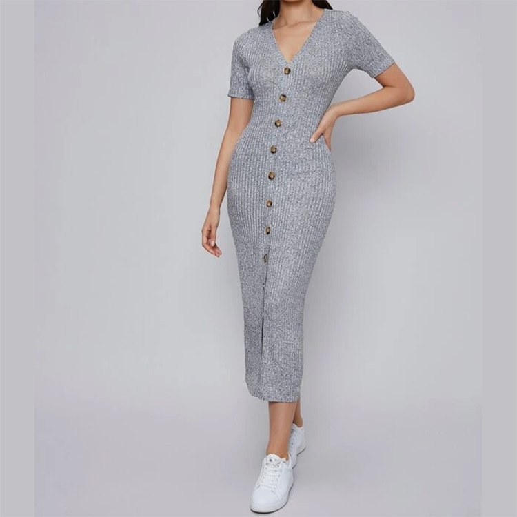 Top Selling Fashion V-neck Short Sleeve Single Breasted Rib-knit Dress For Women