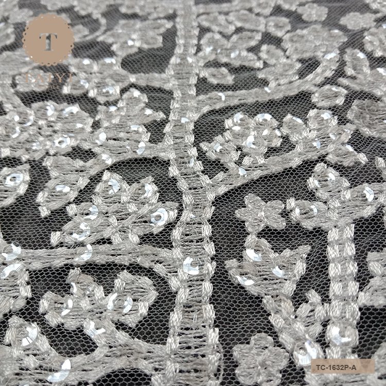 Glitter Sequin Embroidered Lace Fabric For Wedding Dress