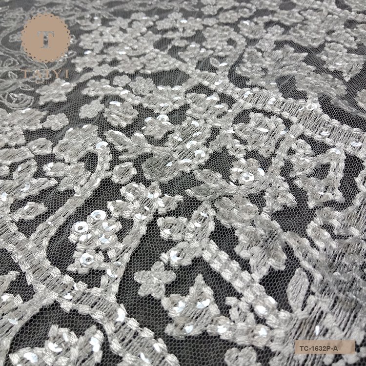 Glitter Sequin Embroidered Lace Fabric For Wedding Dress
